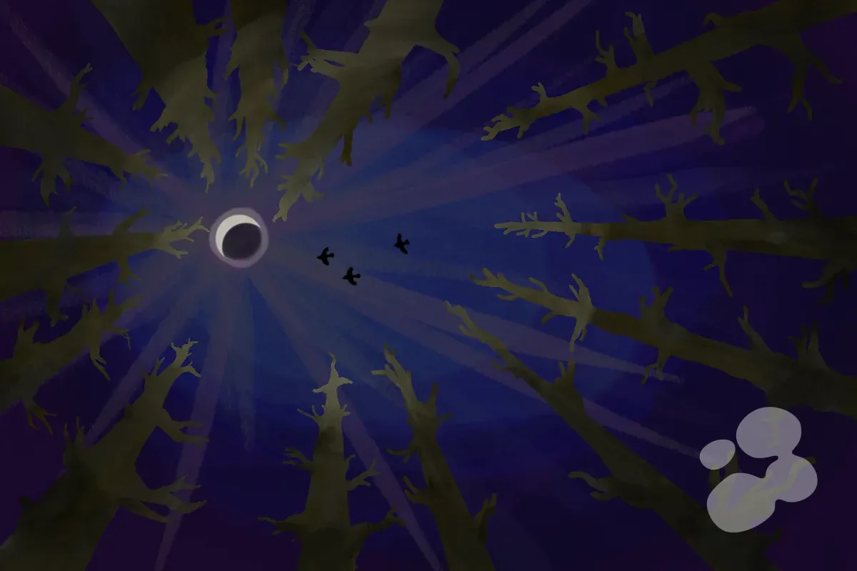 Looking up through bare trees at a crescent moon casting violet rays, with three black birds flying past.